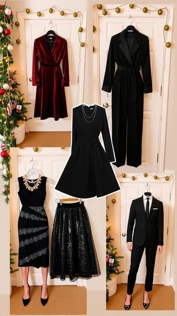 Elegant Christmas Outfit Ideas A stylish display of elegant Christmas outfits including dresses and suits, set against a festive backdrop.